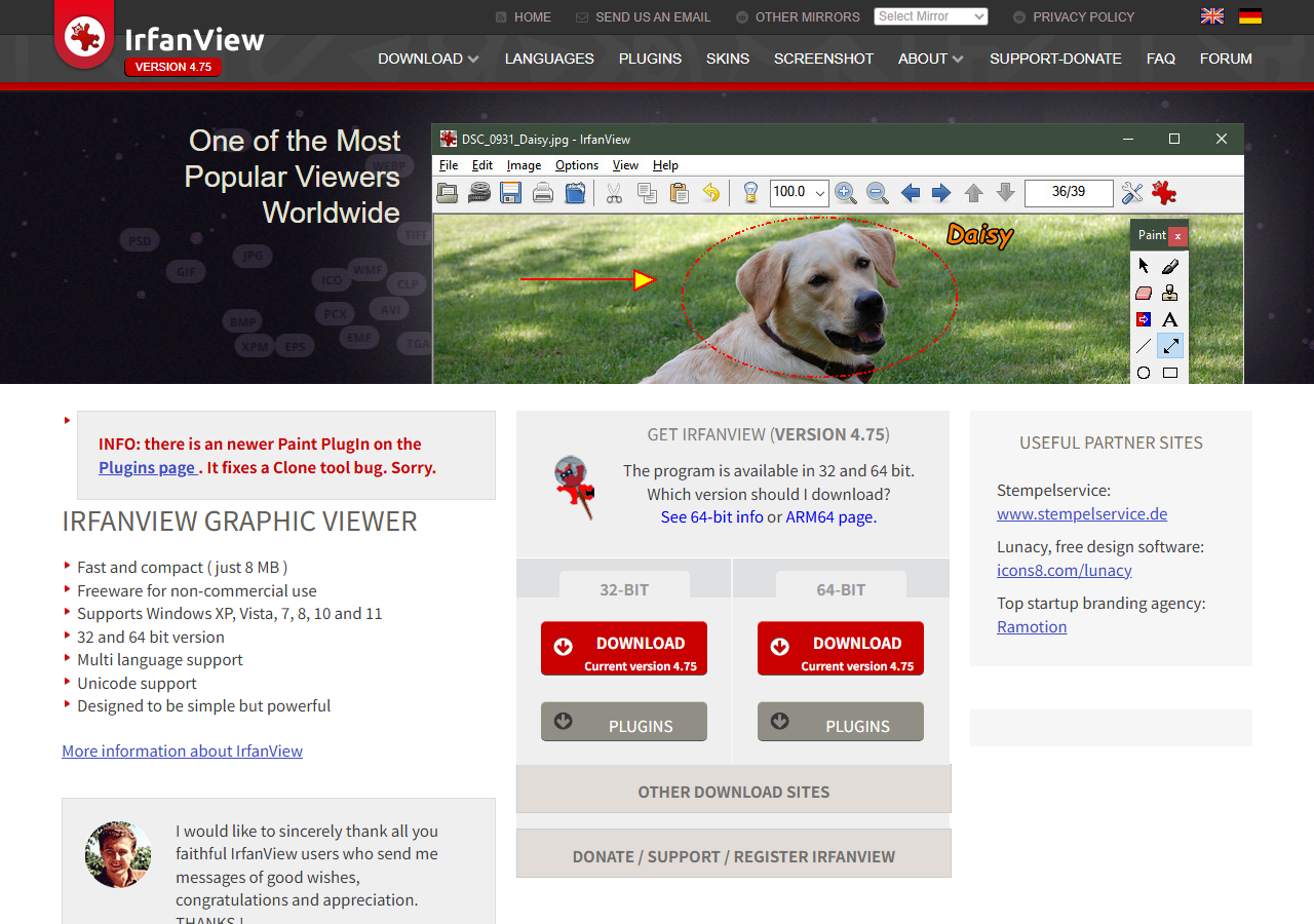 IrfanView公式サイトのダウンロードボタン
