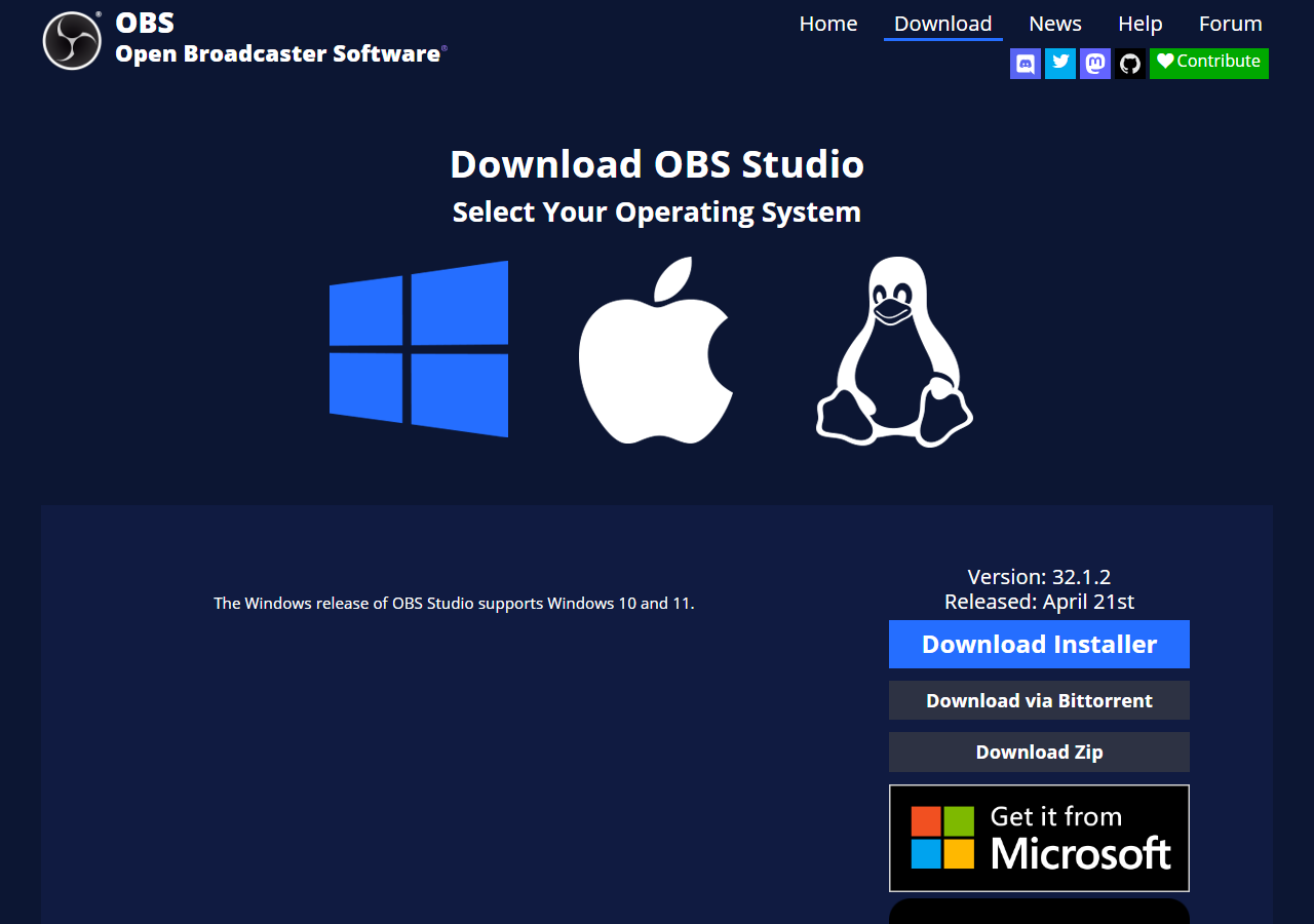 OBS Studio公式サイトのダウンロードページ