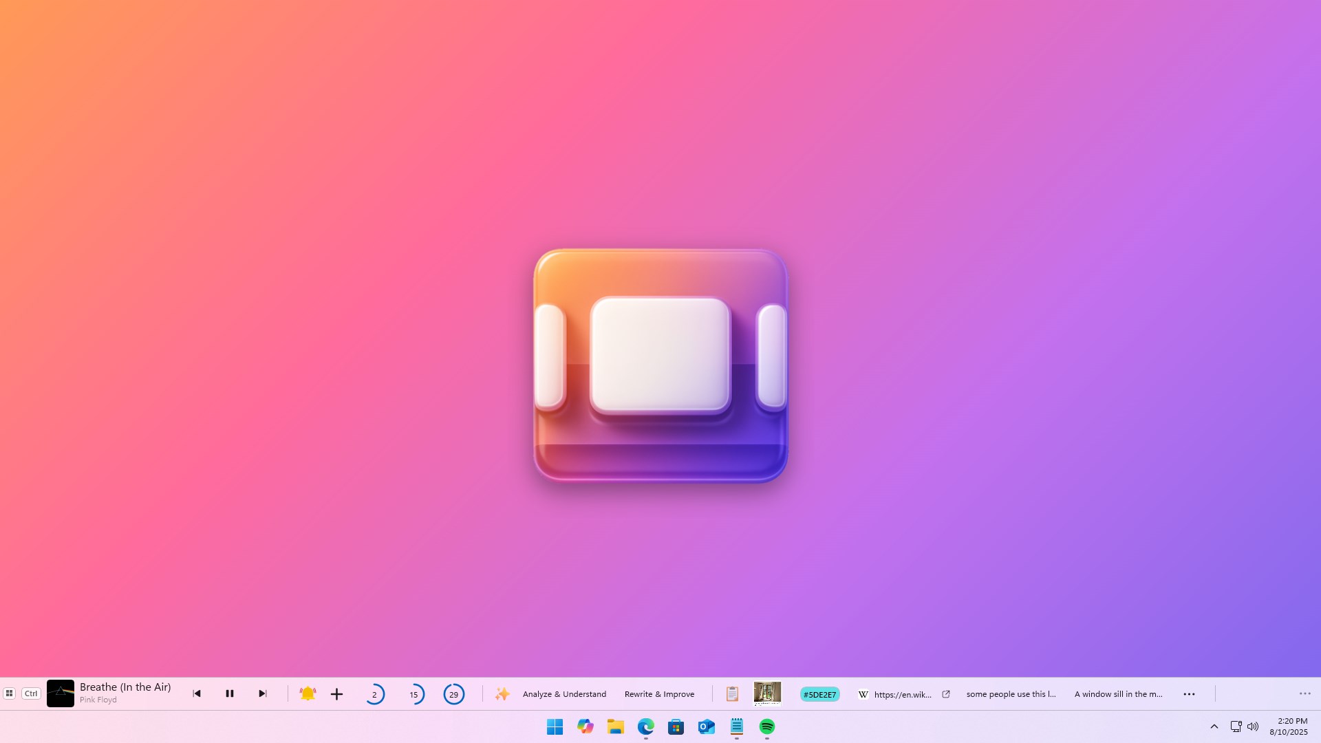 WindowSillのバーがタスクバーの上に表示されている画面