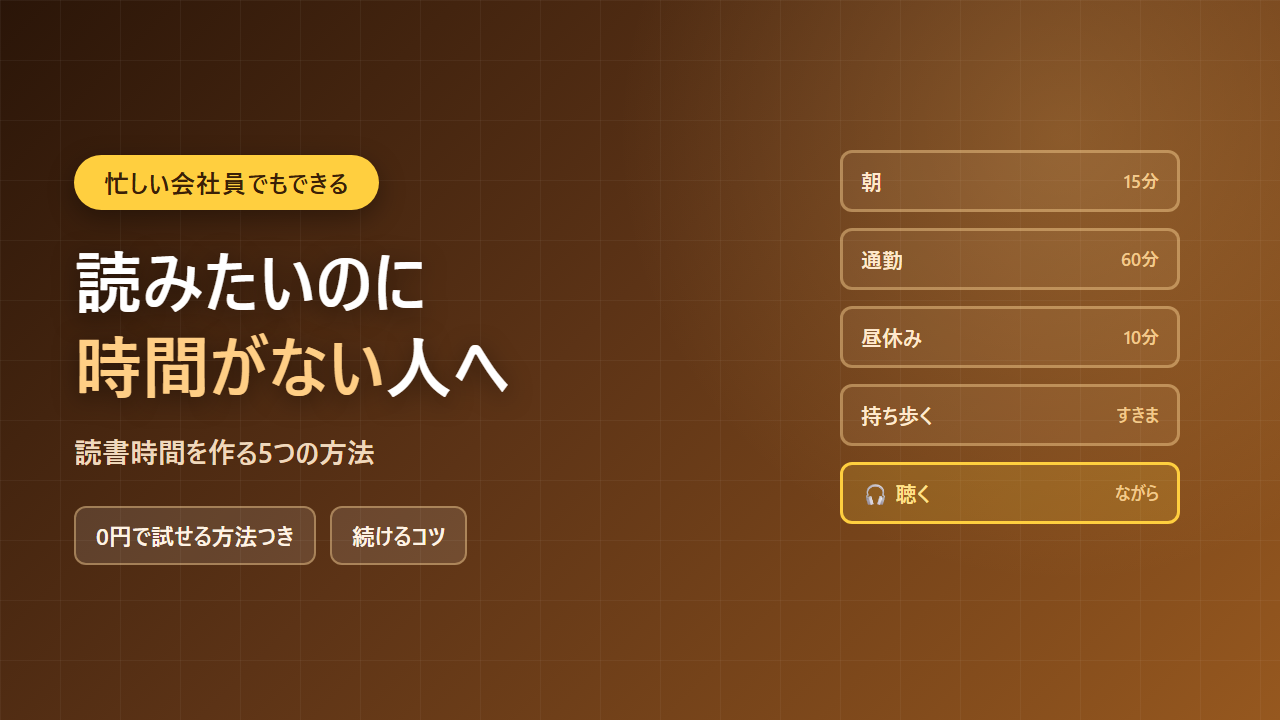 忙しい会社員が朝・通勤・昼休み・すきま時間・聴く読書で読書時間を作る5つの方法