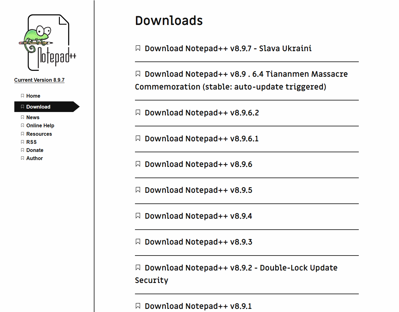 Notepad++公式サイトのダウンロードページ