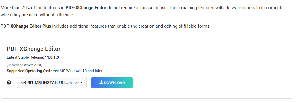 PDF-XChange Editor公式サイトのダウンロードページ。70%以上の機能はライセンス不要で、残りの機能は無ライセンスだと文書に透かしが入ると英語で書かれている