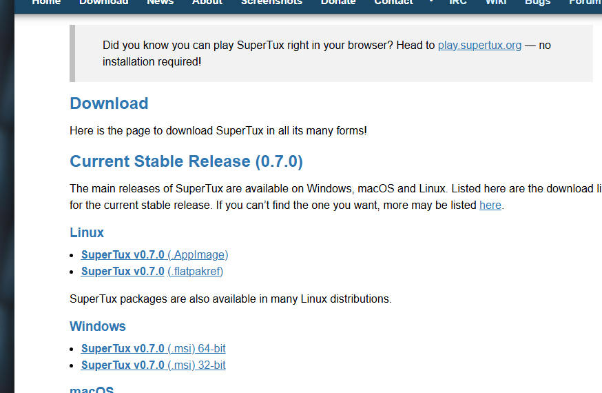SuperTux公式ダウンロードページ。Windows欄に64bit版・32bit版のMSIインストーラーへのリンクがある