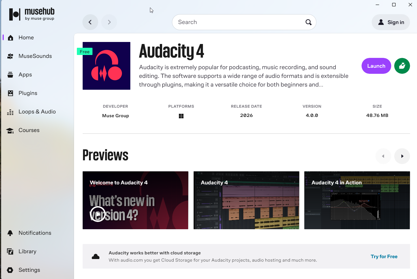 MuseHubのAudacity 4のページ