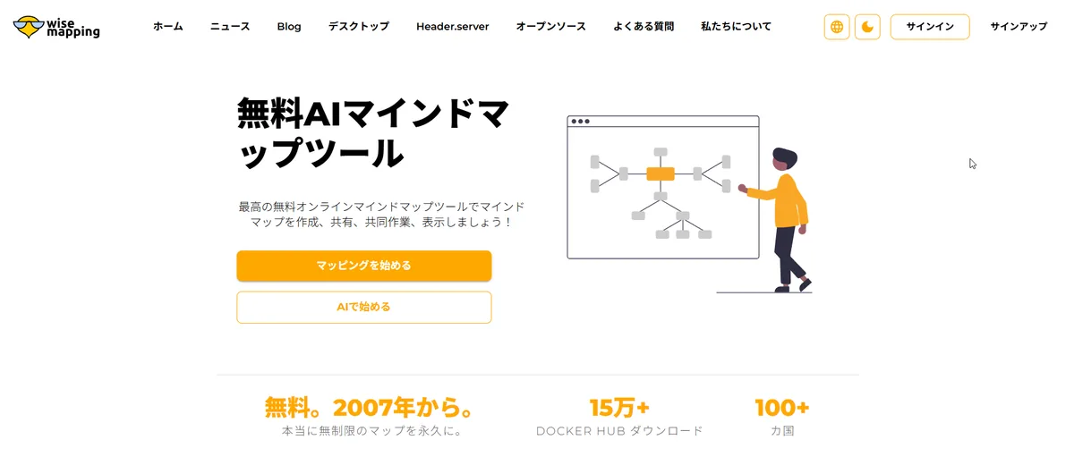 WiseMappingの公式サイト。日本語で表示され「AIで始める」ボタンがある
