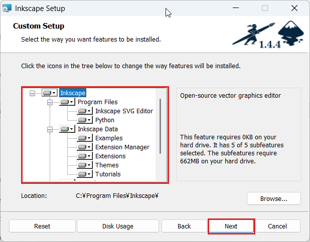 Inkscapeのmsiインストーラーの Custom Setup 画面