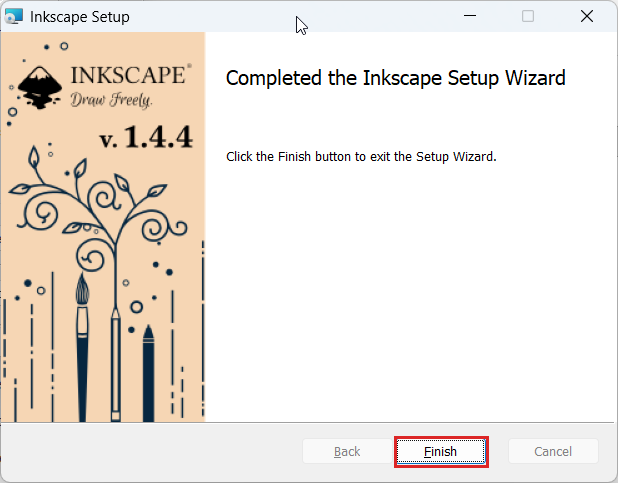 Inkscapeのmsiインストーラーの完了画面