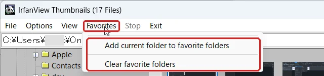 IrfanViewを英語の画面にしたときのサムネイル画面。Favoritesメニューにお気に入りフォルダの項目がある